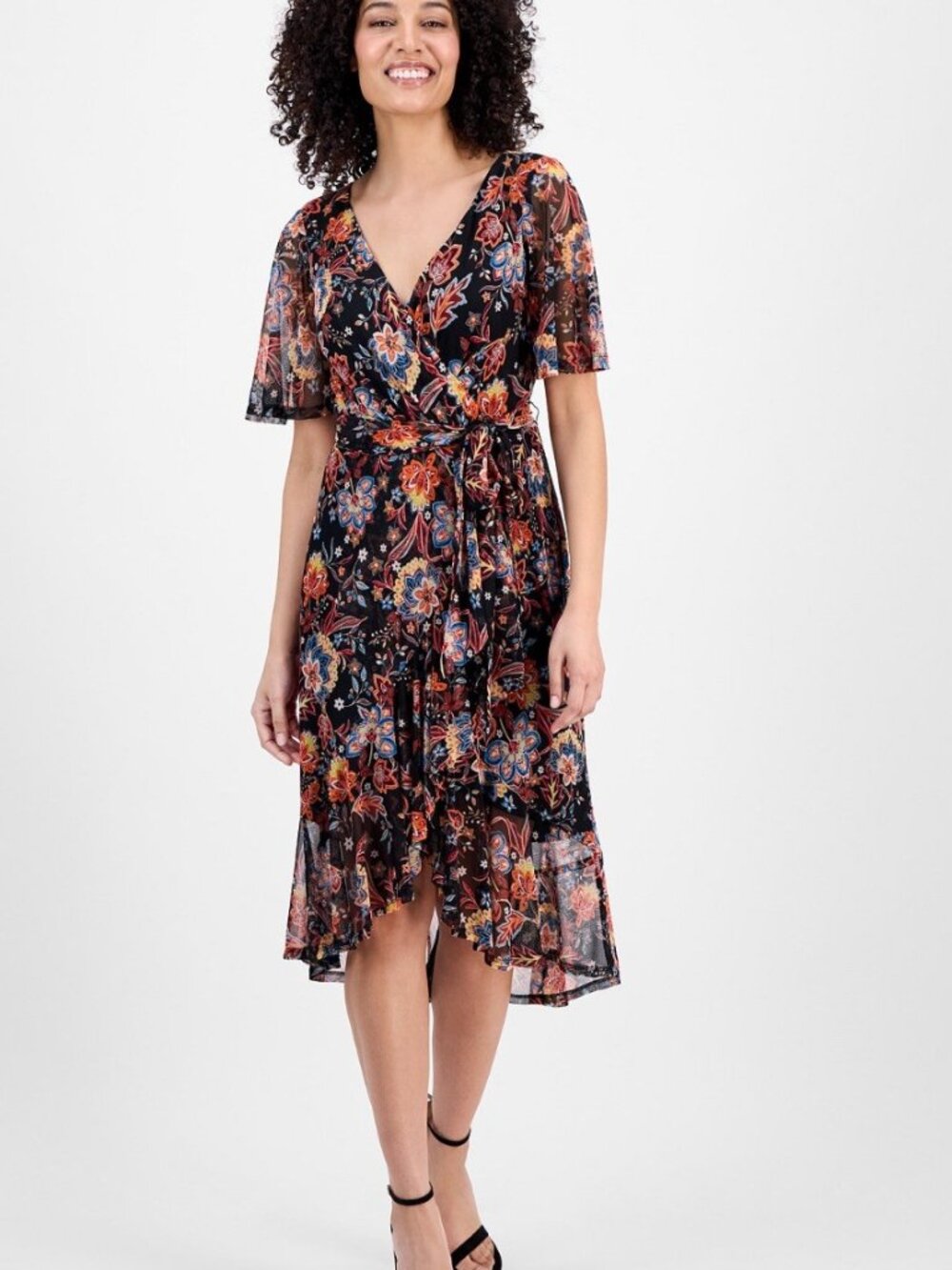 Floral Print Mesh Faux Wrap Dress With Belted Waist & Flutter Sleeves 24W Connec